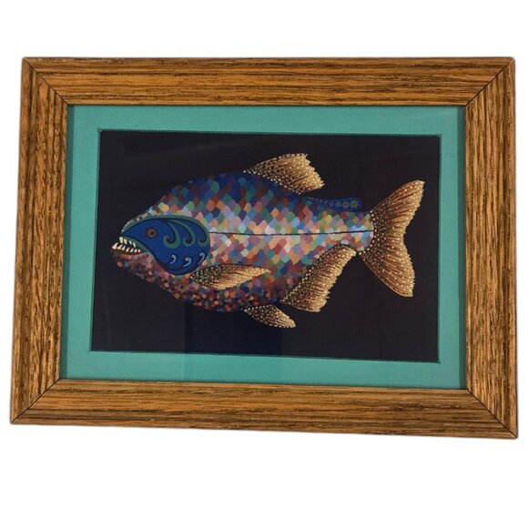 Framed Fish Art 8 x 6 Painting Piranha Colorful Whimsical Ocean Blue Teal - Picture 1 of 16